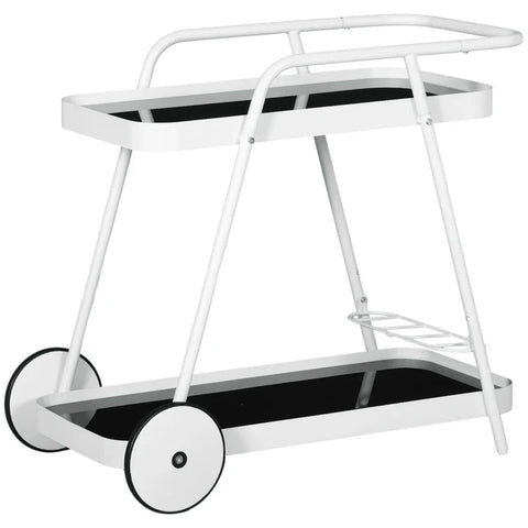 Rootz Outdoor Serving Trolley - Garden Cart - 2 Tier Wine Rack - Steel Frame - Tempered Glass - Black + White - 86.5 x 51 x 78 cm