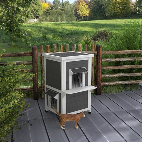 Rootz Cat House - Two Levels - Outdoor - Weatherproof - Fir Wood - White + Gray - 60 cm x 60 cm x 81.5 cm