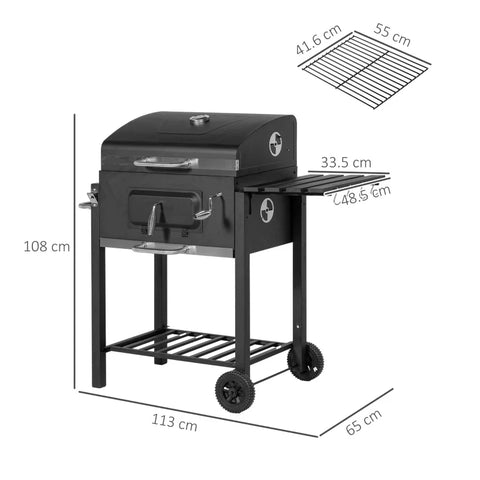 Rootz Charcoal Grill Smoker - BBQ Smoker - 1 Shelf - 1 Towel Rack - 2 Grill Grates - Refined Design - Stainless Steel+metal - Black - 113cm x 65cm x 108cm
