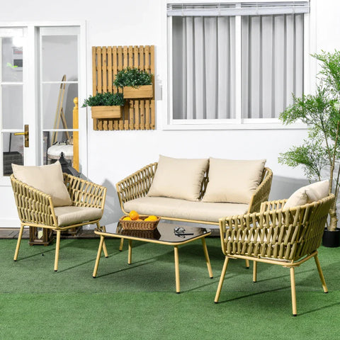 Rootz  Garden Furniture Set - 4 Piece - Decorative - Rattan Design - Glass Top - Table - Seat Cushion - Weatherproof - Steel-Polyester - Khaki - 130L x 66W x 72H cm