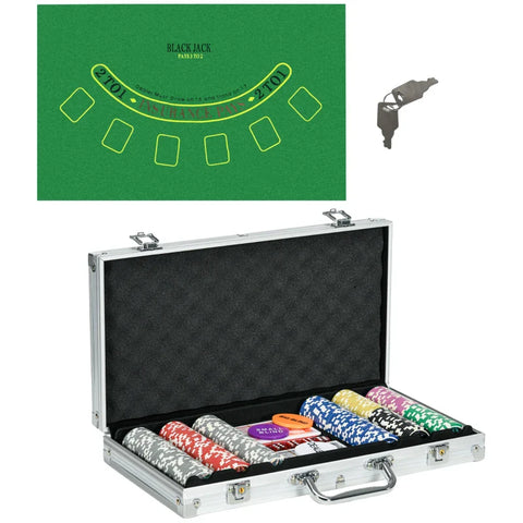 Rootz Casino Accessories - Chips Poker Set - Chips Poker Chip Case - Including Mat - 300 Chips - 2 Decks Of Cards - Silver - 38.5cm x 23cm x 6.5cm