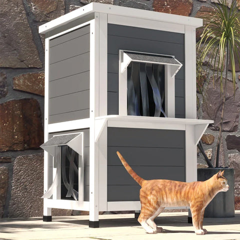 Rootz Cat House - Two Levels - Outdoor - Weatherproof - Fir Wood - White + Gray - 60 cm x 60 cm x 81.5 cm