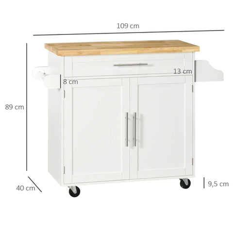 Rootz Kitchen Trolley - Serving Trolley - Kitchen Island - 1 Spice Rack - 1 Towel Holder - Height Adjustable - Rubber Wood - White - 109L x 40W x 89H cm