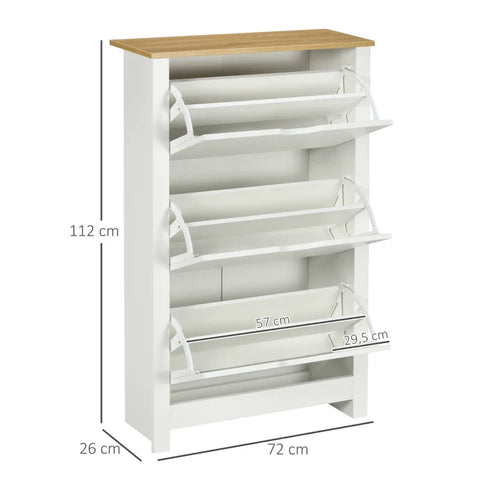 Rootz Shoe Cabinet - Shoe Rack - Shoe Storage - 3 Compartments - 18 Pairs Of Shoes - Chipboard - White-Brown - 72 Cm X 26 Cm X 112 Cm
