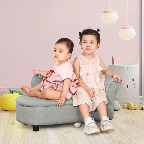 Rootz Children's Sofa - Chaise Longue - Hidden Storage Compartment - Eucalyptus Wood Frame - Imitation Linen - Gray - 80 x 40 x 49cm