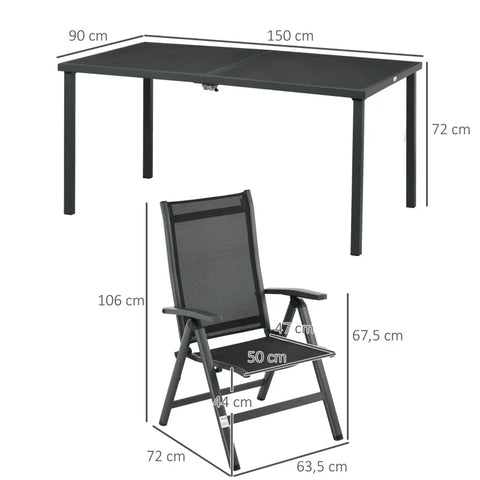 Rootz Garden Furniture Sets - Outdoor Seating Group - 4 Folding Chairs Table - Glass Top - Adjustable Backrest - Aluminum - Tempered Glass - Dark Gray - 50W x 47D cm