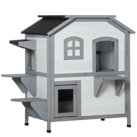 Rootz Cat House - 2 Tier - Weather Resistant - Weatherproof - Sliding Window - Solid Wooden Frame - White + Gray - 123L x 63W x 112H cm