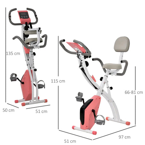 Rootz 2-in-1 Foldable Exercise Bike - Recumbent Stationary Bike - 8-Level Adjustable - Magnetic Resistance with Pulse Sensor - LCD Display - Pink + White - 97 x 51 x 115 cm