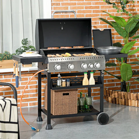 Rootz BBQ Gas Grill - 4 Main Burners - 1 Side Cooker - Side Table - Bottom Shelf - Spice Rack - 1 Warming Plate - Galvanized Steel - Stainless Steel - Black+silver - 135L x 53W x 101H cm