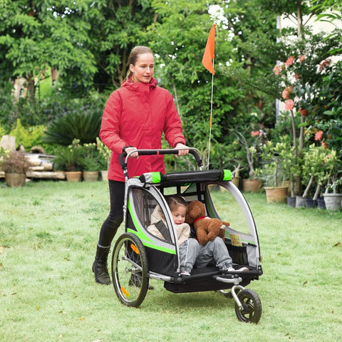 Rootz 2-in-1 Bicycle Trailer - For 2 Children - Sliding Function - Rain Cover - Brake - Oxford Fabric - Green + Black - 142cm x 75cm x 101cm