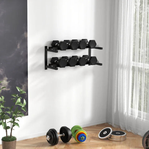 Rootz Dumbbell Stand - Dumbbell Rack - 2 Levels - Kettlebells - Safe Storage - Yoga Mats - Capacity 70 Kg - Steel Frame - Black - 98x40x35 cm