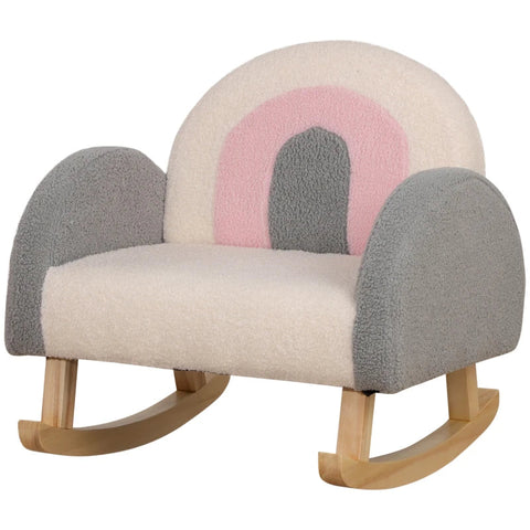 Rootz Rocking Chair For Toddlers - Cute Design - Imitation Sheepskin - Eucalyptus Wood - Grey + Pink + Cream - 50 x 45 x 44cm