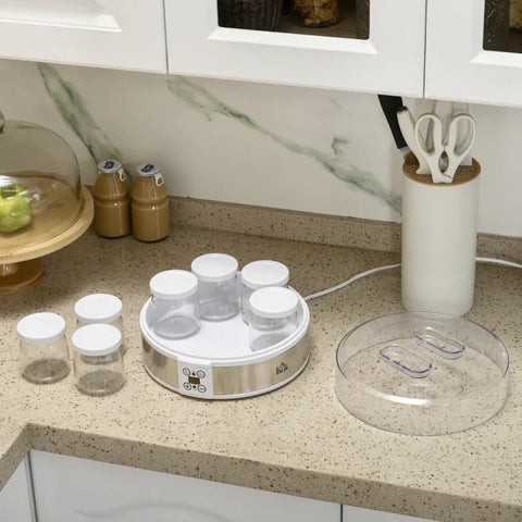 Rootz Yogurt Maker - Yogurt Machine - Kitchen Appliances - Including 7 Glasses - Stainless Steel - Silver + White - 24 cm x 24 cm x 13 cm