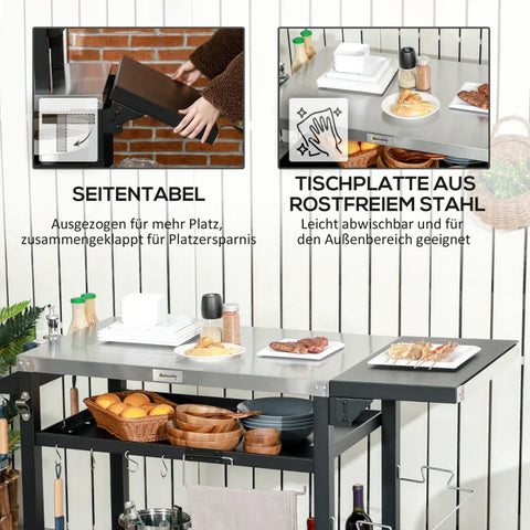 Rootz Station Grill Trolley - Including Accessories - Pizza Table - Clay Table - Stainless Steel-metal - Black+silver - 125L x 65W x 84H cm
