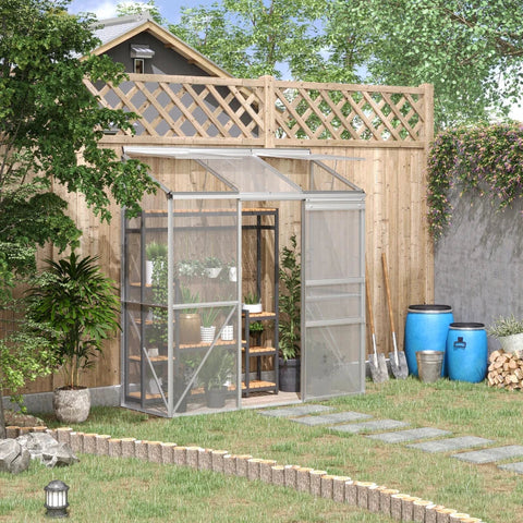 Rootz Lean-to Greenhouse - Sliding Door - Roof Window - Polycarbonate + Aluminum - Silver - 192 x 68 x 196 cm