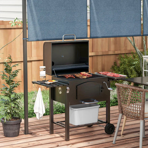 Rootz Charcoal Grill - BBQ Smoker - Adjustable Charcoal Compartment - Side Shelves - Warming Rack - Enameled Cast Iron - Black - 124L x 66W x 112H cm