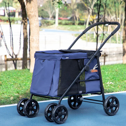 Rootz Pet Stroller - Foldable Dog Cat Pushchair - Pet Travel Carriage with 4 Wheels - Cushion - Safety Leashes - Storage Bags - for Small and Medium Dogs - Dark Blue - 102 cm x 62 cm x 105 cm