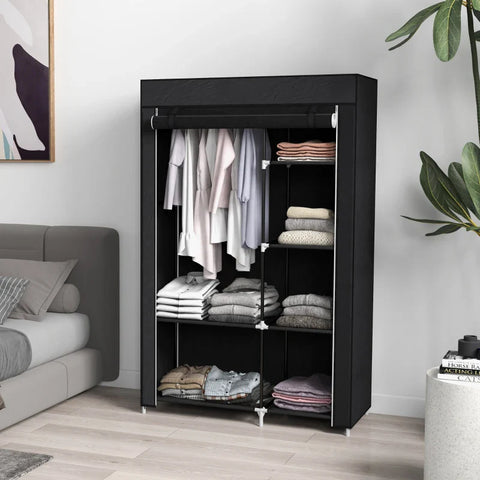 Rootz Fabric Cabinet - Fabric Closet - Cloth Cabinet - Storage Solution - 6 Shelves - 1 Clothes Rail - Non-woven Fabric - Black - 103L x 43W x 162.5H cm
