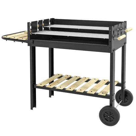 Rootz Charcoal Grill - Grill Trolley - 2 Grill Surfaces - 2 Wheels - Handles - Shelves - Metal - Pine Wood - Black - 113 X 53.5 X 82.5 Cm