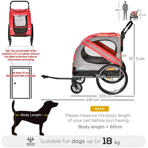Rootz Dog Buggy - Dog Cart - Pet Buggy - Pet Bike Trailer - Dog Stroller - Safety Leash Reflectors - Red - 140cm x 72.5cm x 108cm