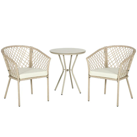 Rootz Garden Furniture Set - 2 Chairs - Table Tempered - Glass Table Top - Seat Cushions - PE Rattan - Seat Pads - Metal Frame - PE Rattan-Steel-Polyester - Khaki - 48W x 49D cm