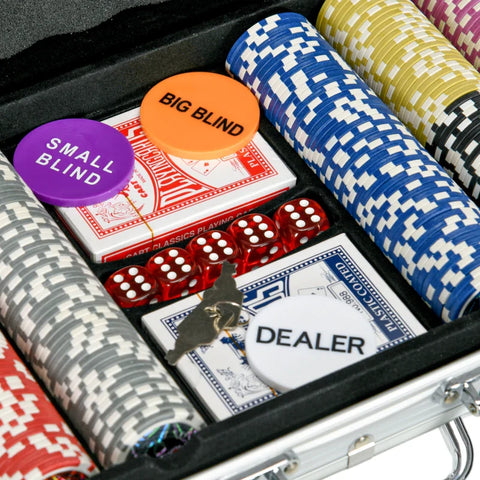 Rootz Casino Accessories - Chips Poker Set - Chips Poker Chip Case - Including Mat - 500 Chips - Set For 9-10 Players - Silver - 56L x 23.5W x 6.5H cm