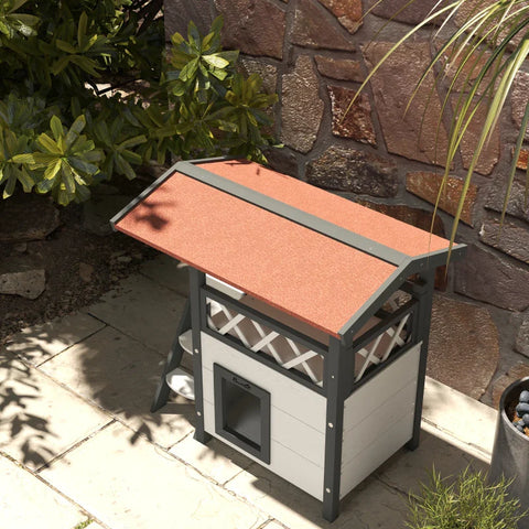 Rootz Cat House - Pet Kennel - Asphalt Roof - 2 Levels  1 Ladder - Fir Wood - White + Red - L77 x W50 x H73 cm