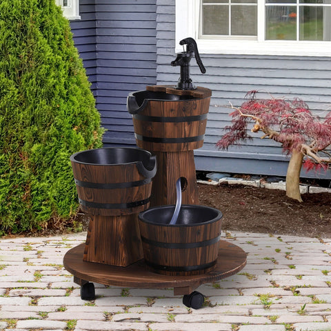 Rootz Classic Wooden Barrel Fountain - Charred Wood - Spruce, Steel, Plastic - 23.62 cm x 23.62 cm x 30.7 cm