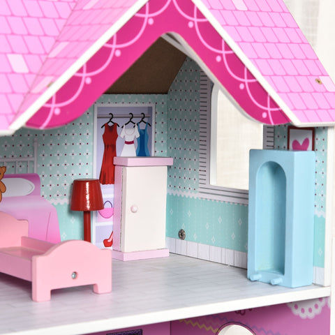 Rootz Children's Wooden Dollhouse - Pink - Pine, Engineered Wood - 33.85 cm x 11.81 cm x 34.25 cm