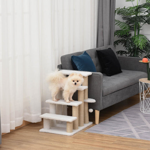 Rootz Pet Staircase - White - Chipboard, Jute, Plush - 23.62 cm x 15.74 cm x 25.19 cm