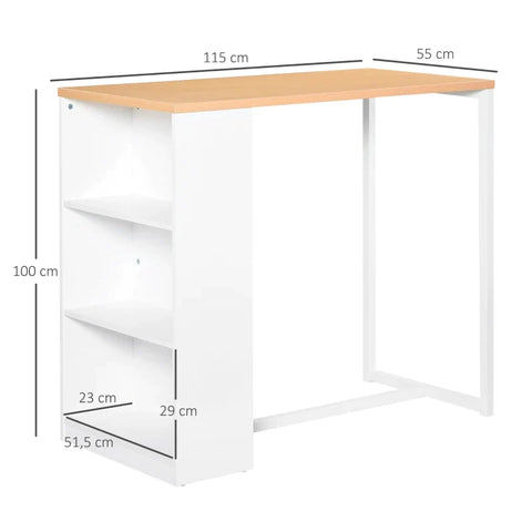 Rootz Bar Tables - Kitchen Table - 3 Tier Storage Shelf - Metal Frame - Table Top For Restaurant - Kitchen - Living Room - Mdf Board - Steel - White + Wood Color - 115 x 55 x 100 cm