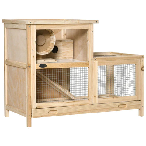 Rootz Small Animal Cage - Small Animal Hutch - Rodent Cage - With Ramp - Guinea Pig Hutch - Wooden Cage - Mouse Cage - Fir Wood - Natural - 78 x 41.5 x 60 cm