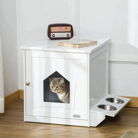 Rootz Litter Box - Cat House - Cat Cabinet - Litter Cat Box - Feeding Bowls - Magnetic Door - White - MDF - 64L x 51W x 51.8H cm