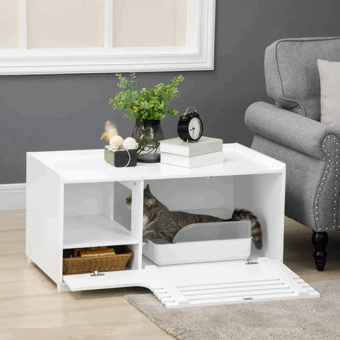 Rootz Litter Box - Cat Litter Box - Cat Cupboard With 2 Shelves - 2-in-1 Design Magnetic Door - MDF - White - 90L x 48W x 43.5H cm