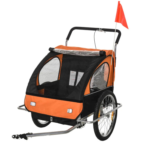 Rootz Child Trailer - Children's Bicycle Trailer - For 2 Children - Including Reflectors And Flag - Rain Protection Breathable - Orange/Black - 142 x 85 x 105 cm