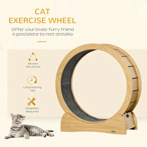 Rootz Scratching Post - Cat Wheel - Cat Treadmill - Wooden Cat Exercise Wheel - Scratching Tree - Cat Tree - Wood/Grey - 60 x 32 x 66.5 cm