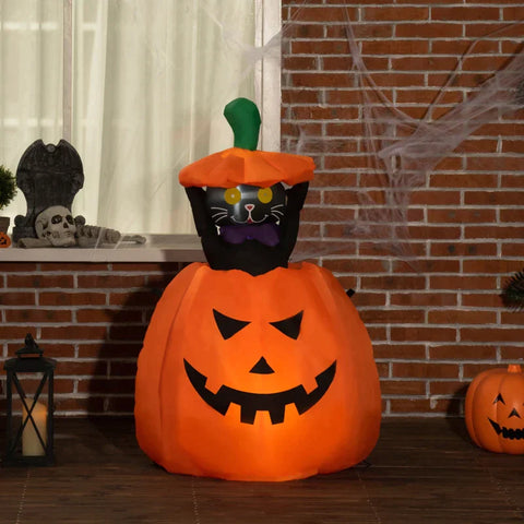 Rootz Pumpkin Ghost With Moving Cat - Halloween Decoration - Garden Decoration - Inflatable LED Lighting - Orange - 76 x 64 x 115cm