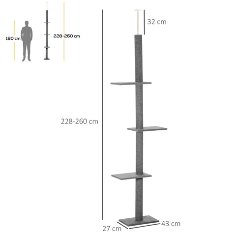 Rootz Scratching Post - Ceiling High - Height-Adjustable - Cat Tree - Climbing Tree for Cats with 3 Levels - Cat Scratching Post - Play Tree from Floor to Ceiling - Gray - 43L x 27W x 228-260H cm