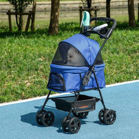 Rootz Pet Stroller - Foldable Cat Dog Pushchair - Pet Travel Carriage with 4 Wheels - Adjustable Canopy - Safety Leashes - Storage Basket and Cup Holder for Small Dogs - Blue - 67 x 45 x 96 cm