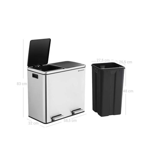 Rootz Trash Can - Trash Bin - Pedal Bin With 2 Compartments - Waste Separation System - With Foot Pedal - 2 Inner Bins - Kitchen Trash Can - Steel - Plastic - Silver - 58.5 x 32 x 54.5 cm (L x W x H)