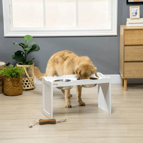 Rootz Feeding Station - Bowl Stand - Dog Feeding Station - 2 Feeding Bowls - For Large Dogs - Stainless Steel/MDF - White - 63 x 30 x 24cm