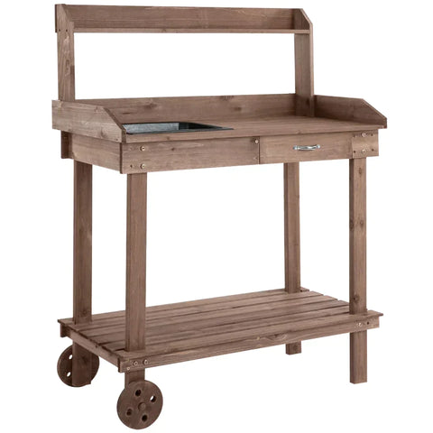 Rootz Planting Table - Wooden Planting Table With Drawer - 2 Removable Wheels - Brown - 92 cm x 45 cm x 119 cm