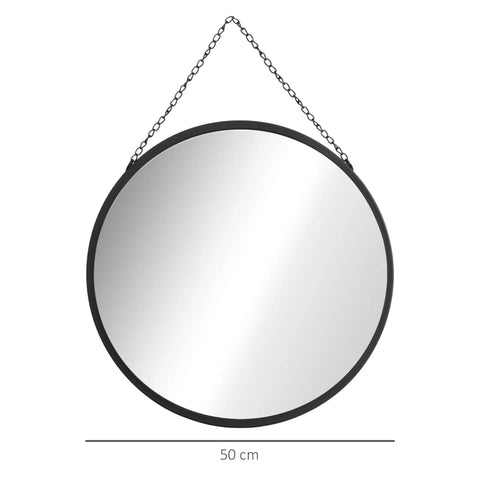 Rootz Round Mirror - Wall Mirror - Bedroom Mirror - With Decorative Hanging - Silver + Black - 50cm x 50cm x 2.2cm