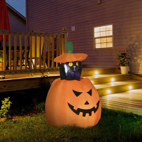 Rootz Pumpkin Ghost With Moving Cat - Halloween Decoration - Garden Decoration - Inflatable LED Lighting - Orange - 76 x 64 x 115cm
