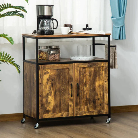 Rootz Kitchen Trolley - Industrial Design - 1 Shelf - 1 Cupboard - 4 Wheels - Black + Brown - 90 cm x 40 cm x 90 cm
