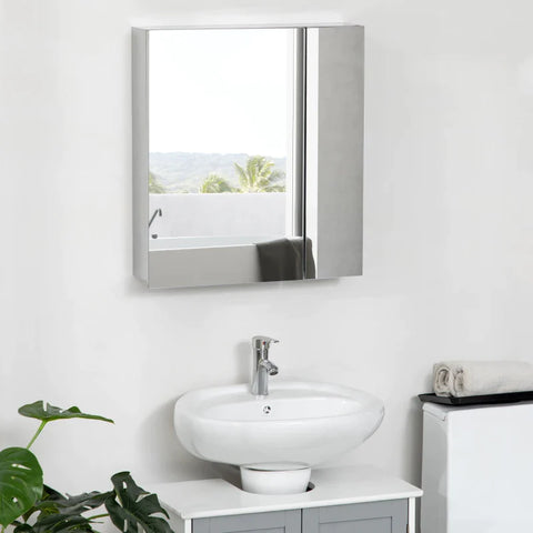 Rootz Mirror Cabinet - Bathroom Cabinet - 2 Mirror Doors - 3 Interior Shelves - Stainless Steel - Silver - 54 x 13 x 60 cm