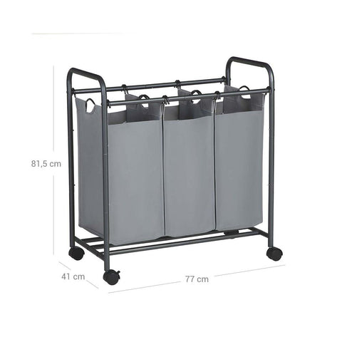 Rootz Laundry Basket On Wheels - 3 Pockets - Laundry Hamper - 3 Removable Fabric Bags - Rolling Laundry Hamper - 3-section Laundry Cart - 600D Polyester - Gray - 77 x 41 x 81.5 cm (L x W x H)