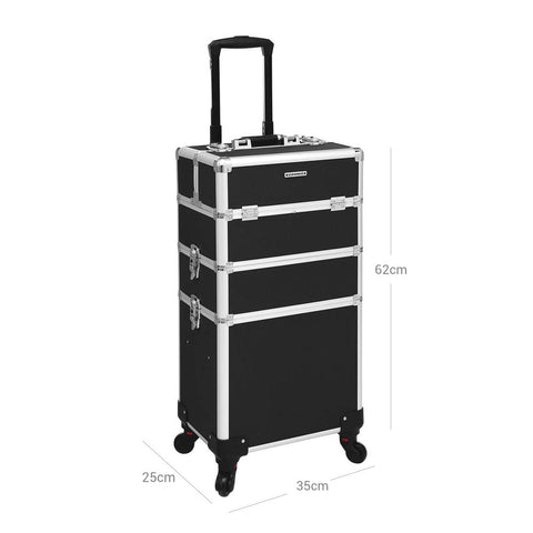 Rootz Make-up Trolley - 3-in-1 Makeup Case With Universal Wheels - Makeup Organizer Trolley - Portable Makeup Cart - Travel Makeup Trolley - Vanity Trolley - Mobile Beauty Station - Aluminum Strip + MDF - Black - 35 x 68.5 x 25 cm (W x H x D)
