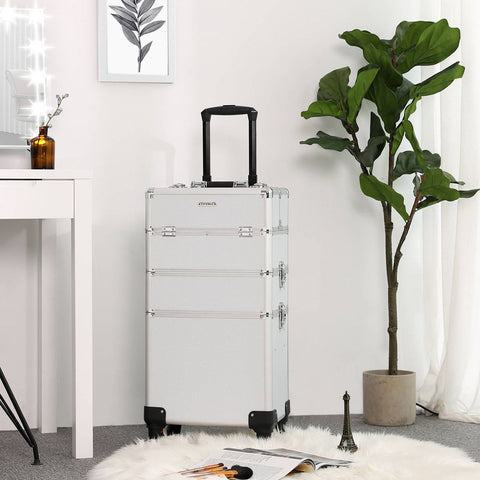 Rootz Make-up Trolley - 3-in-1 Makeup Case With Universal Wheels - Makeup Organizer Trolley - Portable Makeup Cart - Travel Makeup Trolley - Vanity Trolley - Mobile Beauty Station - Aluminum Strip + MDF - Silver - 34.8 x 25 x 71.5 cm (L x W x H)