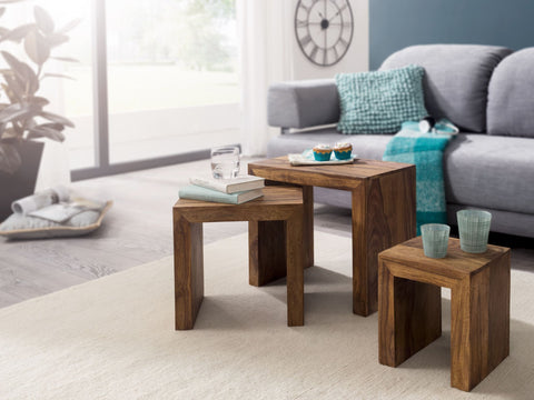 Rootz Nesting Tables - Set of 3 - Solid Wood Sheesham - Dark Brown - Country Style - Living Room Side Tables